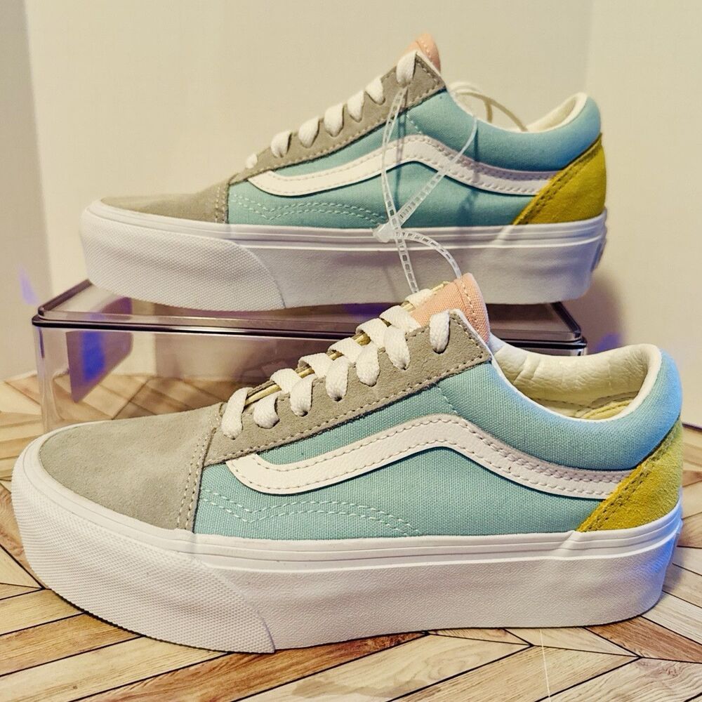 Vans Old Skool Platform Sneakers Women’s 5 Suede Gray Blue Yellow Color Block